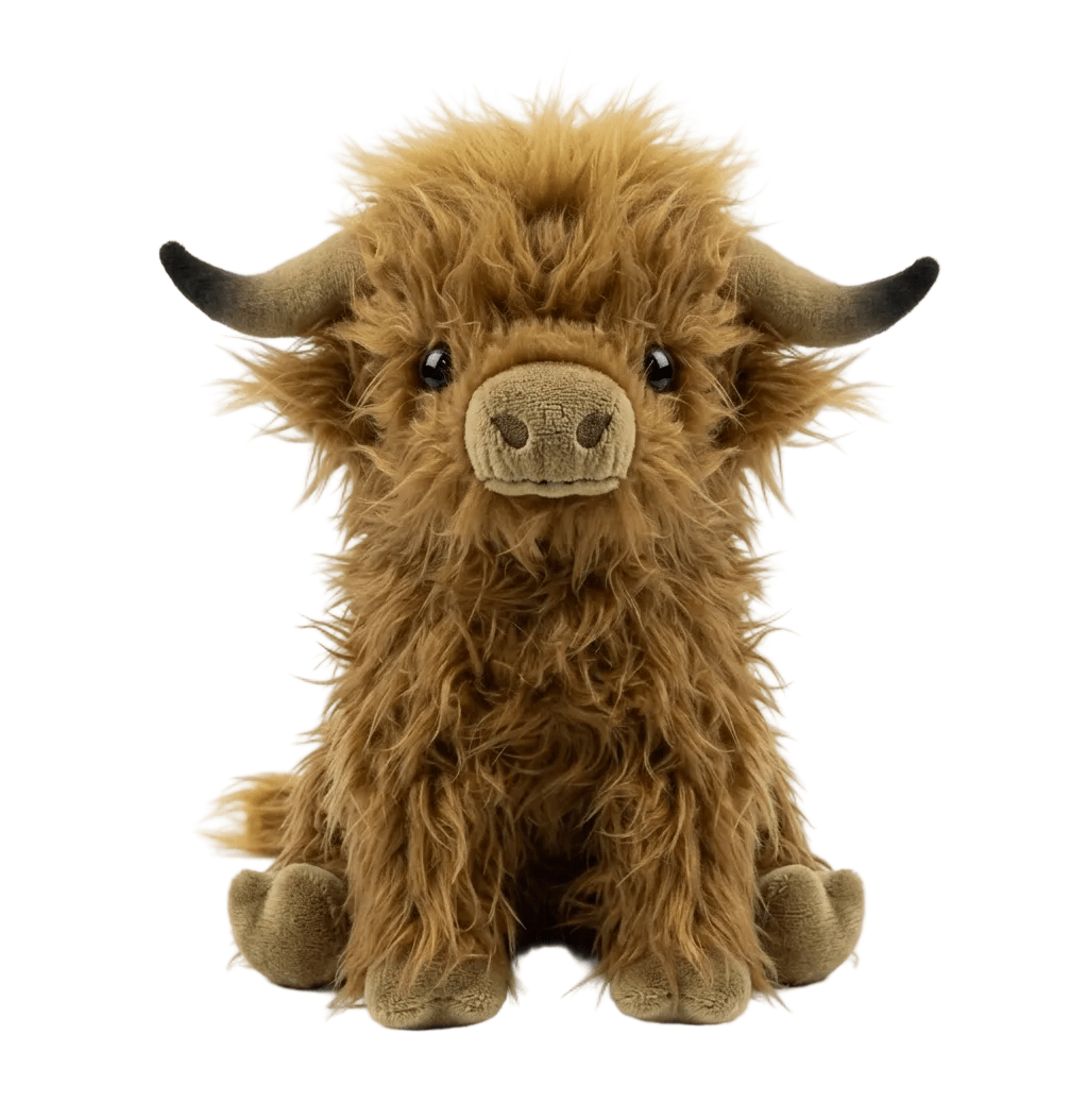Plush toy highland cow on a white background